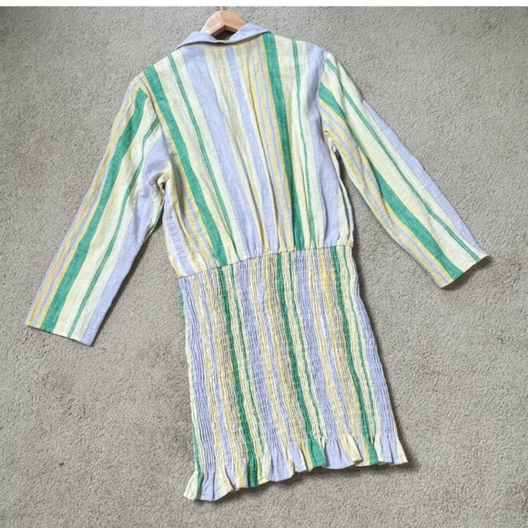 Zara Mini Dress Shirred Skirt Pastel Stripe Long Sleeve Cotton Mini Dress Large - Picture 4 of 15